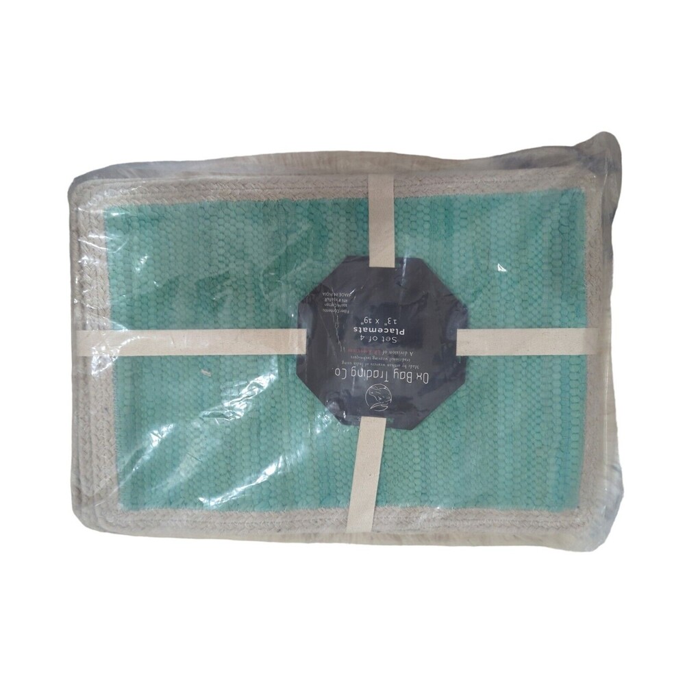 Ox Bay Trading Co. Natural Cotton Turquoise Green Woven Placemats (4) 13"X19"